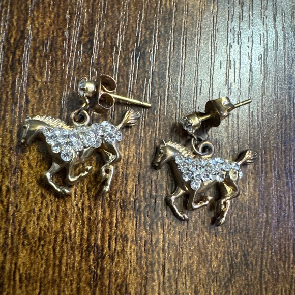 Gold Tone Running Horse Rhinestone Earrings Sparkle Cocktail Fashion Statement - Picture 1 of 3